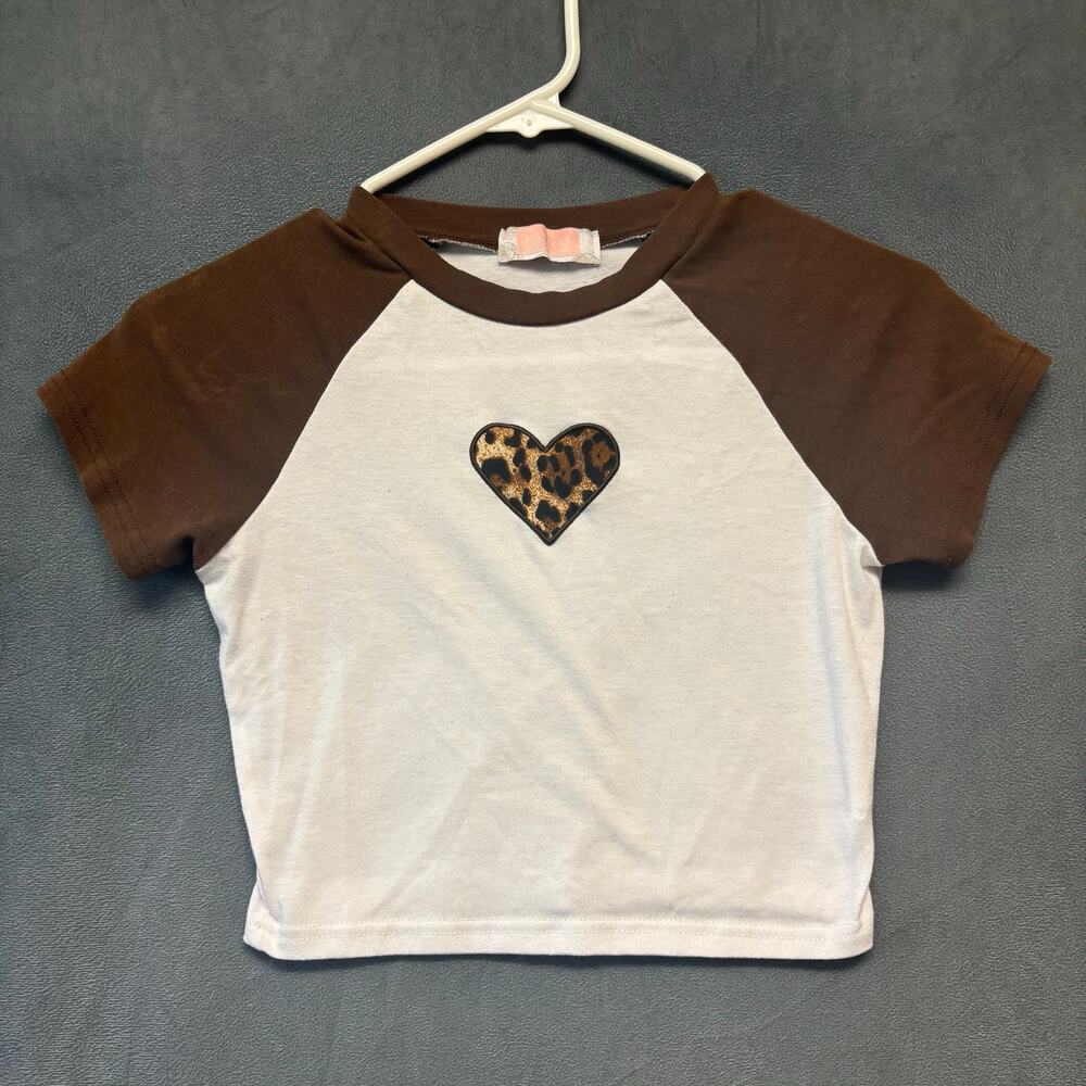 C+D+M Girls Small Crop Raglan Tee Leopard Heart Y2K Brown White